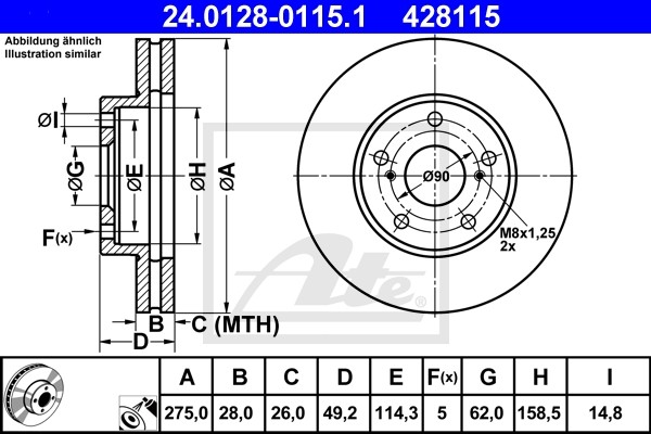 Диск тормозной передний LEXUS ES/TOYOTA Camry 96-01 /Vent D=275mm ATE 24.0128-01 24.0128-0115.1 ATE